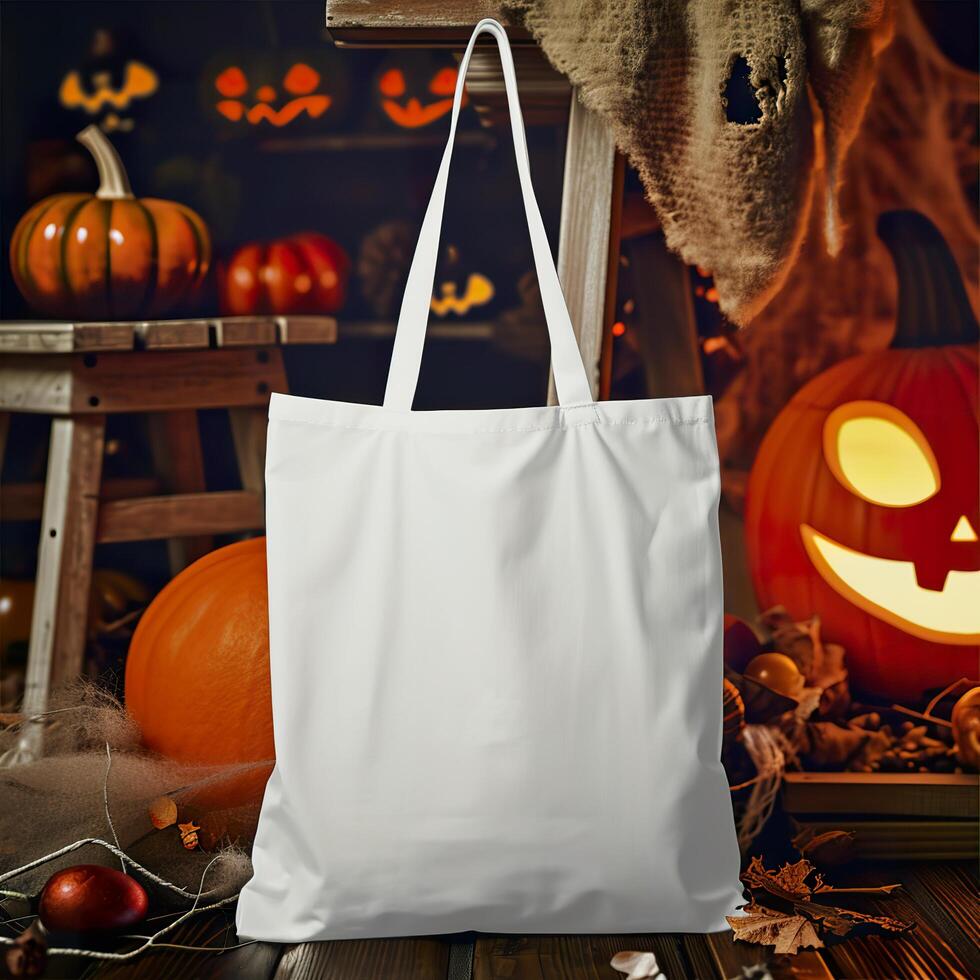 AI generated Tote Bag in Halloween Scene, Blank Mockup with Spooky Element photo