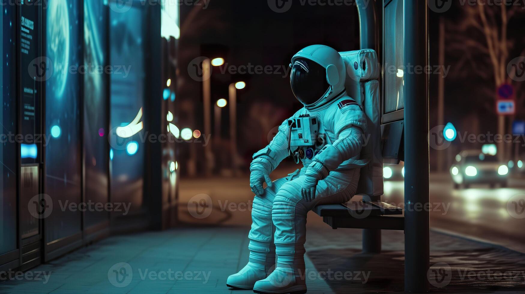 AI generated Cosmic Solitude, Astronaut Contemplating at Night Bus Stop photo