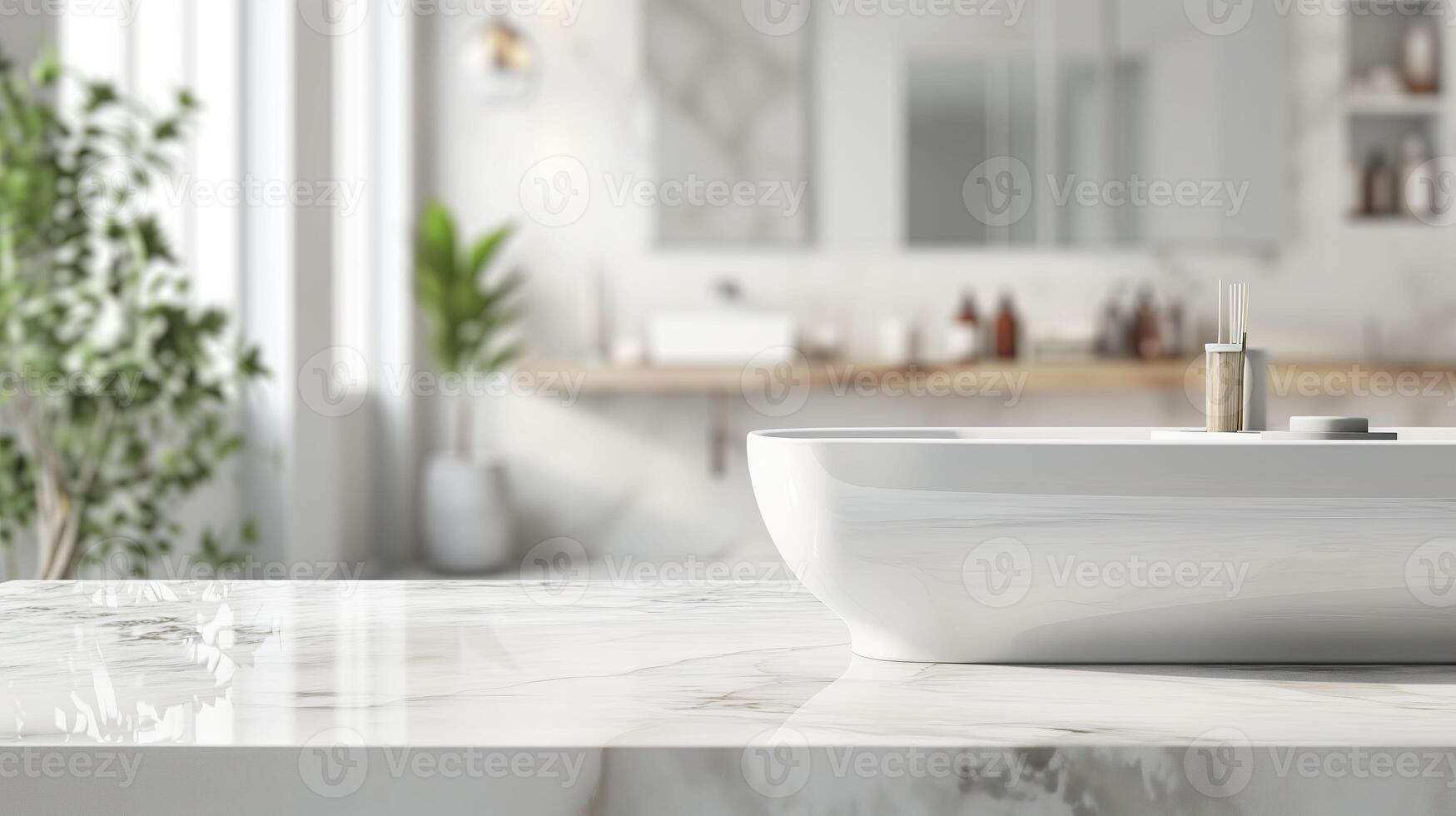 AI generated Modern White Bathroom Interior with Elegant Marble Table Top for Product Display photo