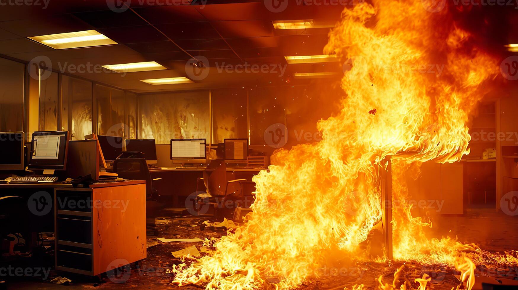 ai generado escapar el ardiente oficina, intenso lugar de trabajo fuego desastre foto