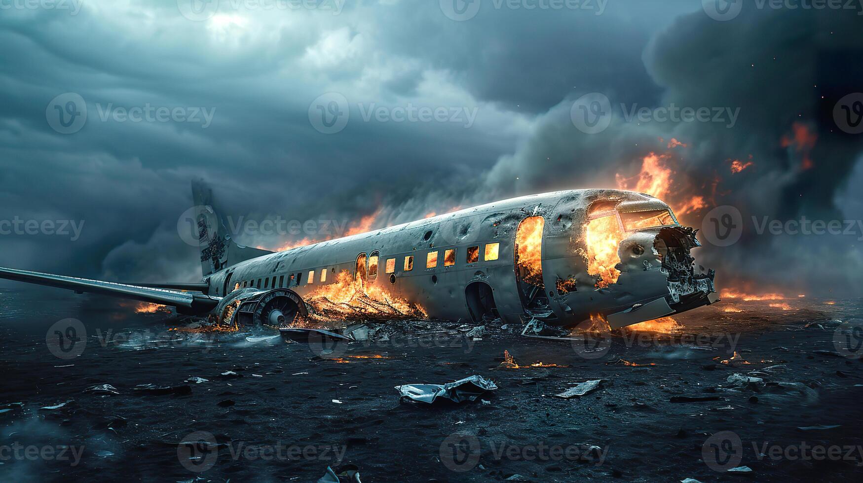 AI generated Airplane Crash Disaster, Burning Plane Wreckage Aftermath photo