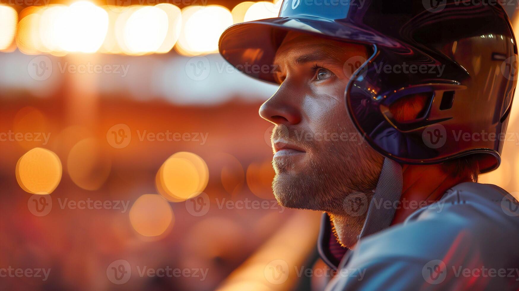 AI generated Professional Baseball Player in Action at Stadium with Blurred Background photo