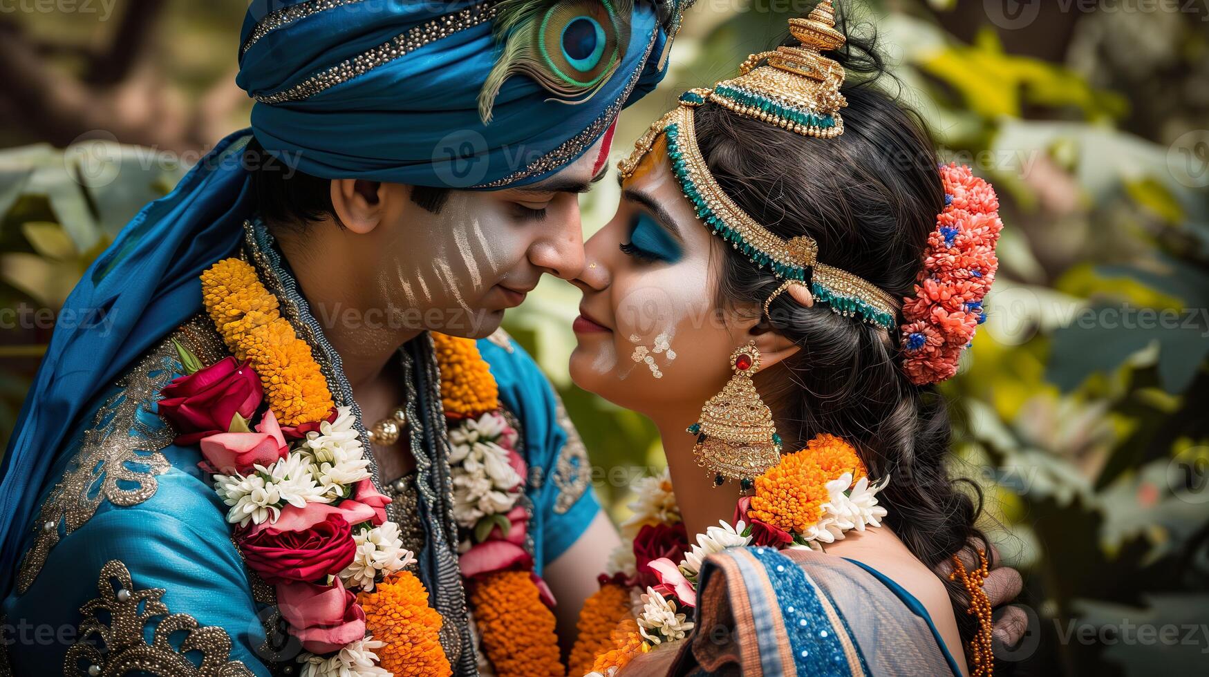 AI generated Divine Love Celebration, Young Couple as Radha and Krishna photo