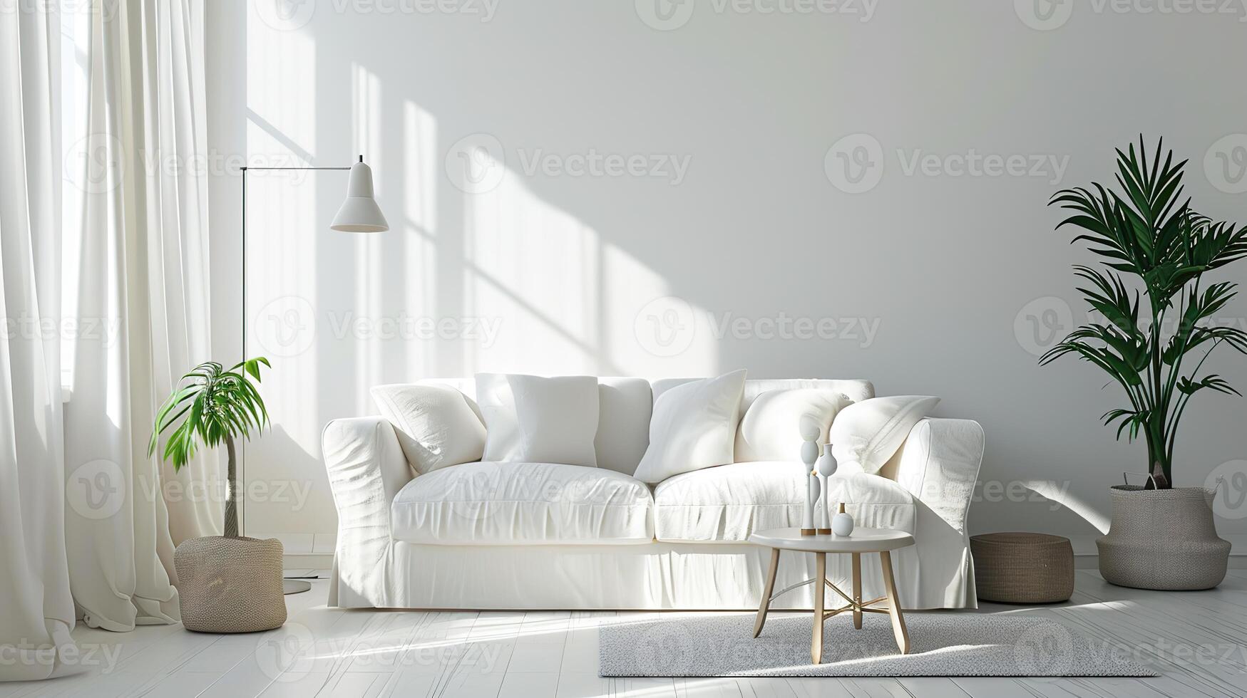 AI generated Bright Modern Living Room, White Linen Sofa and Plant Decor photo