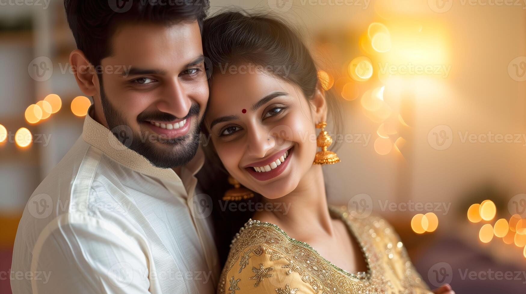AI generated Diwali Happiness, Traditional Embrace of an Indian Couple in Ethnic Clothing photo