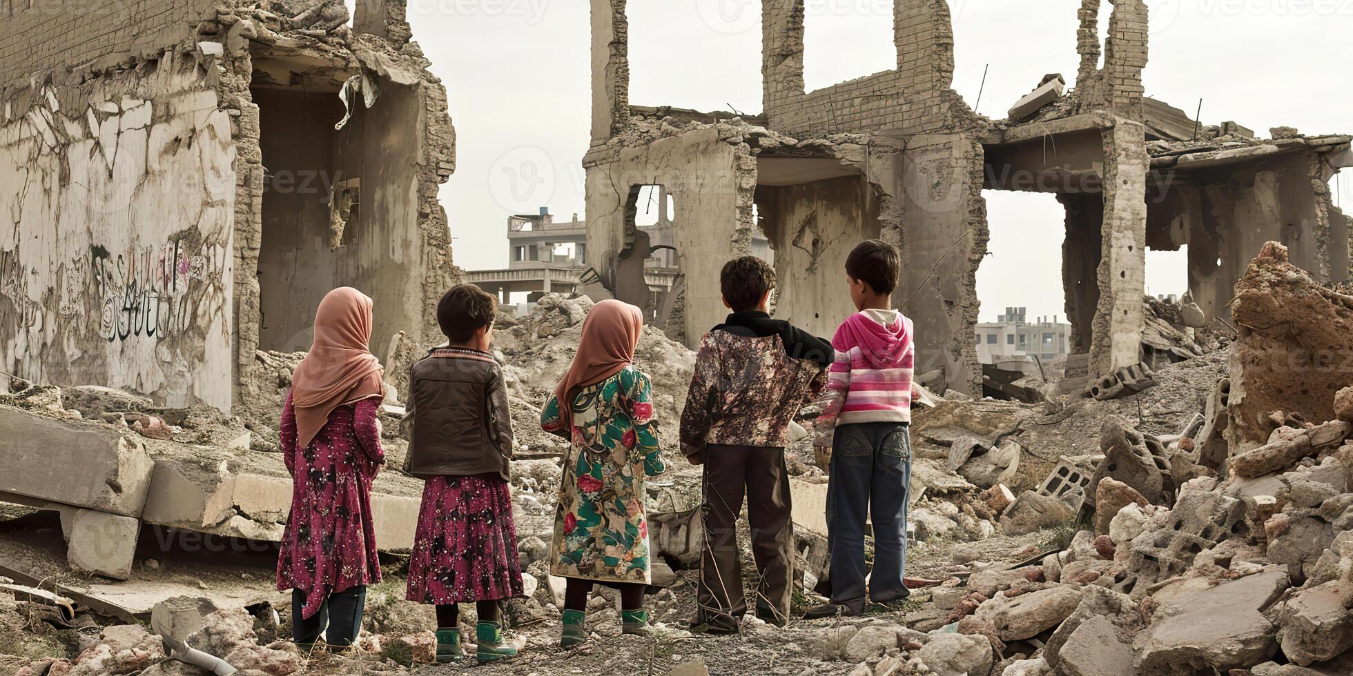 AI generated Resilient Innocence, Exploring War Torn Ruins with Children photo