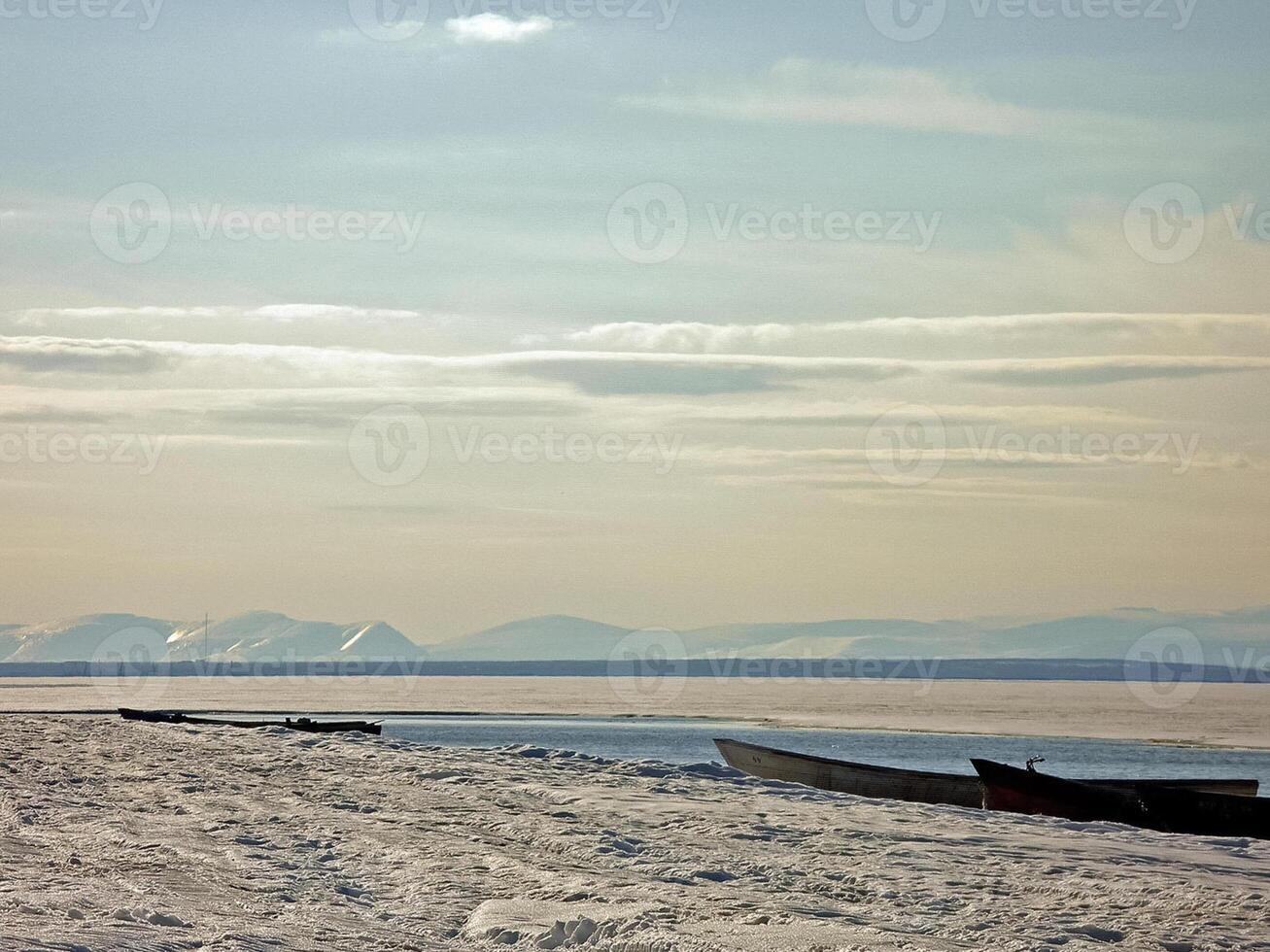 Boats in the river ob. Movement of motor boat transport. photo