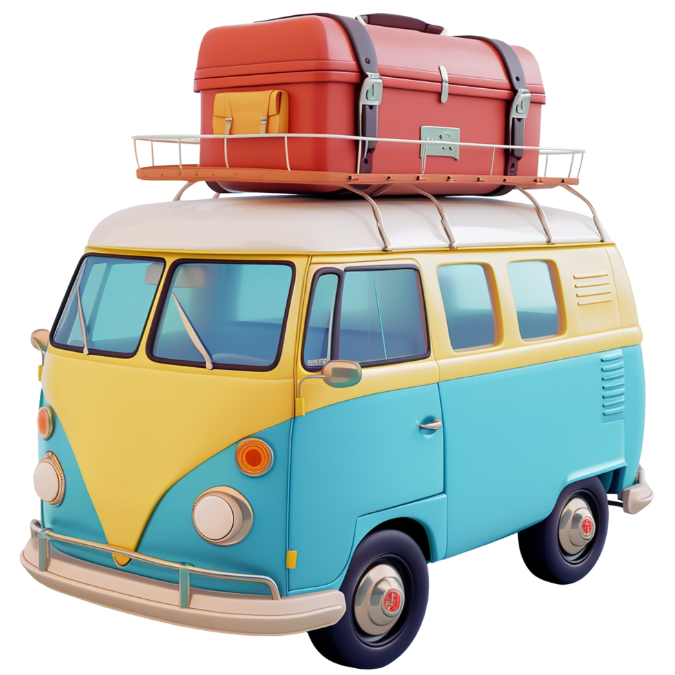 AI generated Classic van with a big suitcase on top, 3d design. Suitable business, travel and design elements png