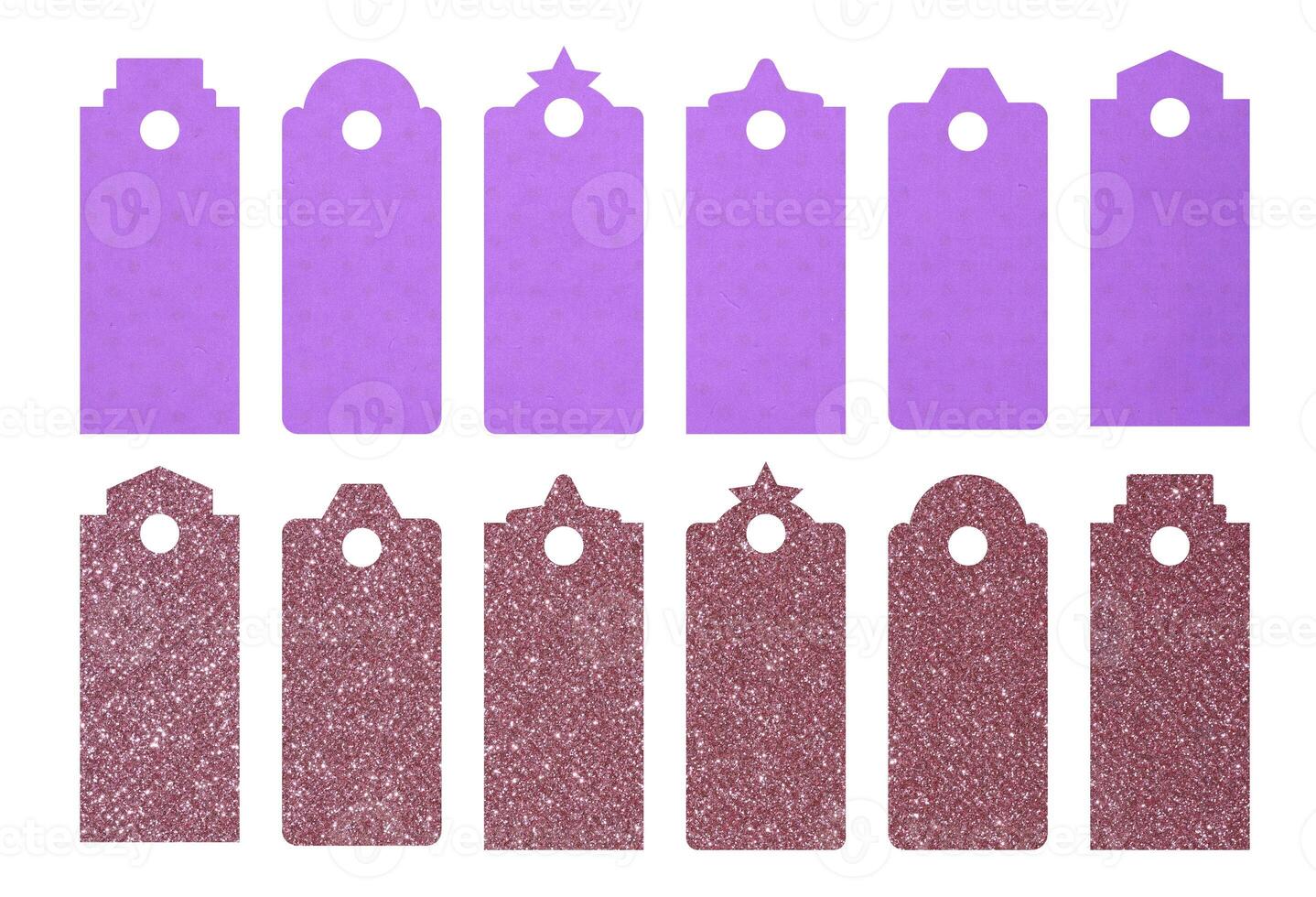 Paper tags of various shapes with a hole on an isolated background, coupon photo