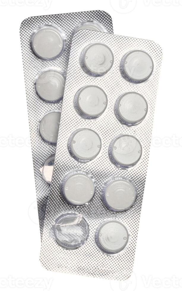 ampolla paquete con redondo pastillas en un blanco aislado fondo, parte superior ver foto