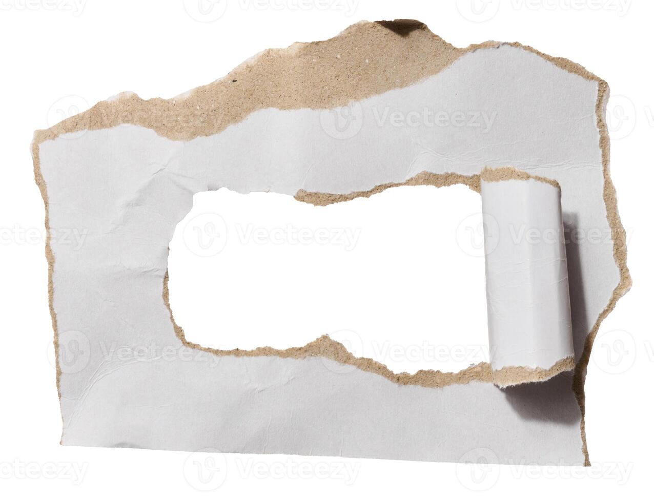 Torn piece of white cardboard with torn edges on an isolated background photo