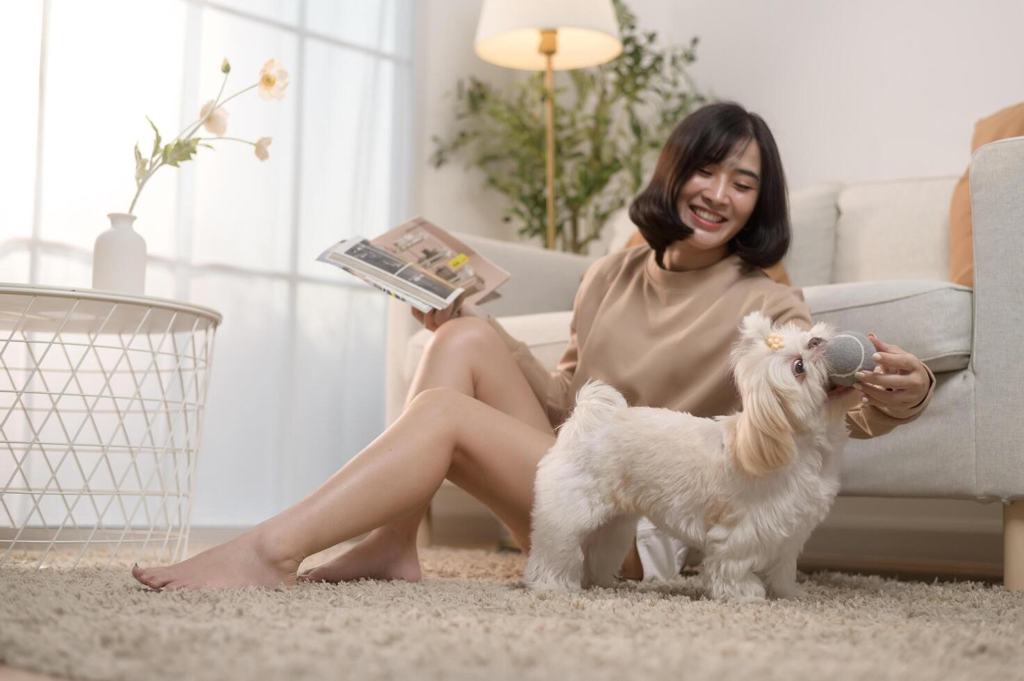 Happy young asian woman cuddling and spending time with cute dog in living room. photo