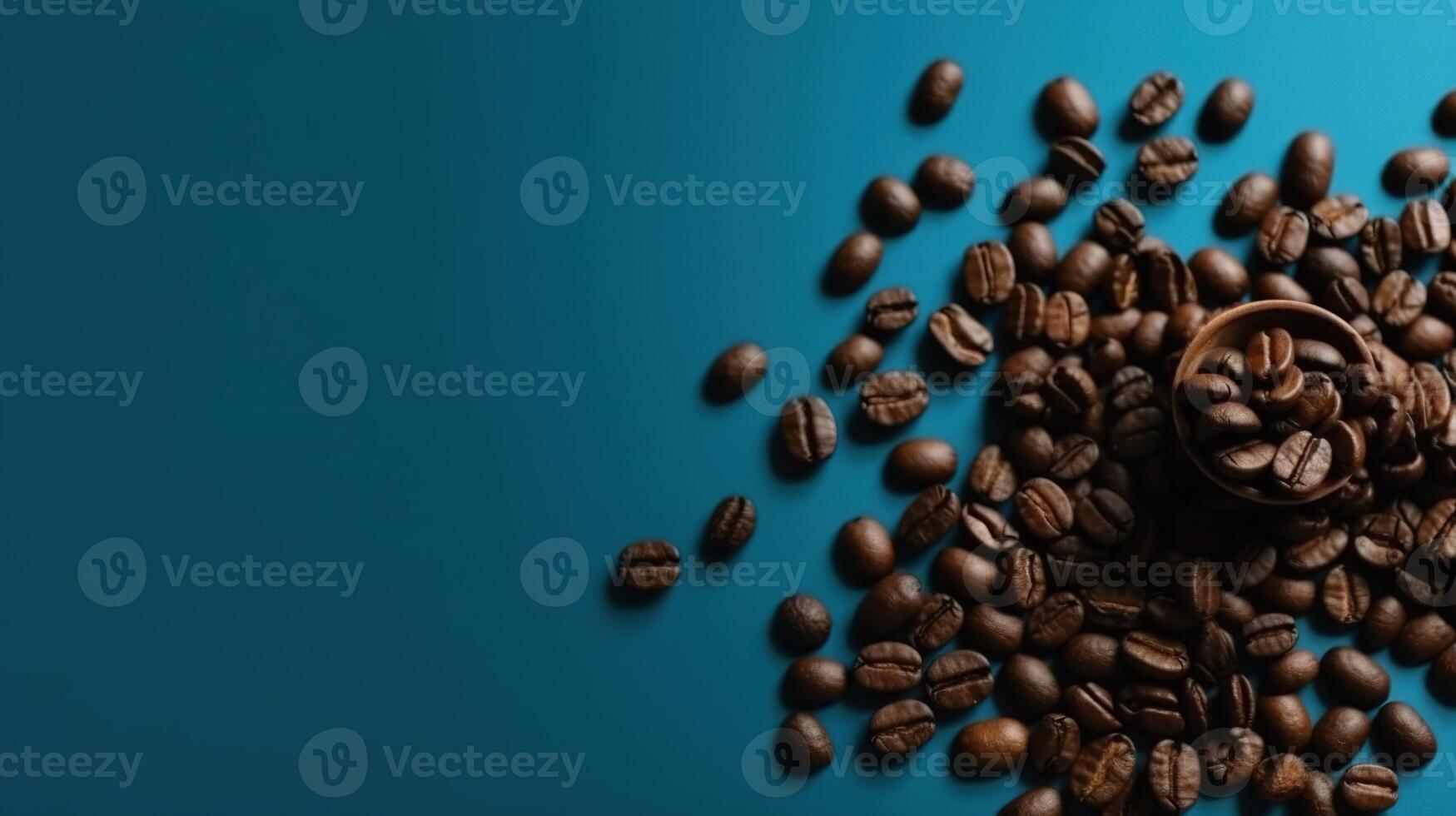 Coffee Beans on Blue Background. Copy Space. Ai Generated. High quality photo