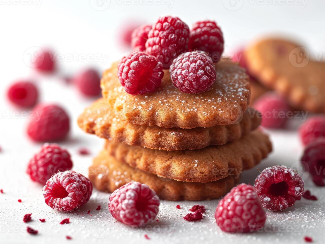 Tasty Yummy Homemade Sweet Cookies. Chocolate and Raspberry Heart Shape Pastry Dessert. Food Photo Background. Valentine's Day Composition. Ai generated