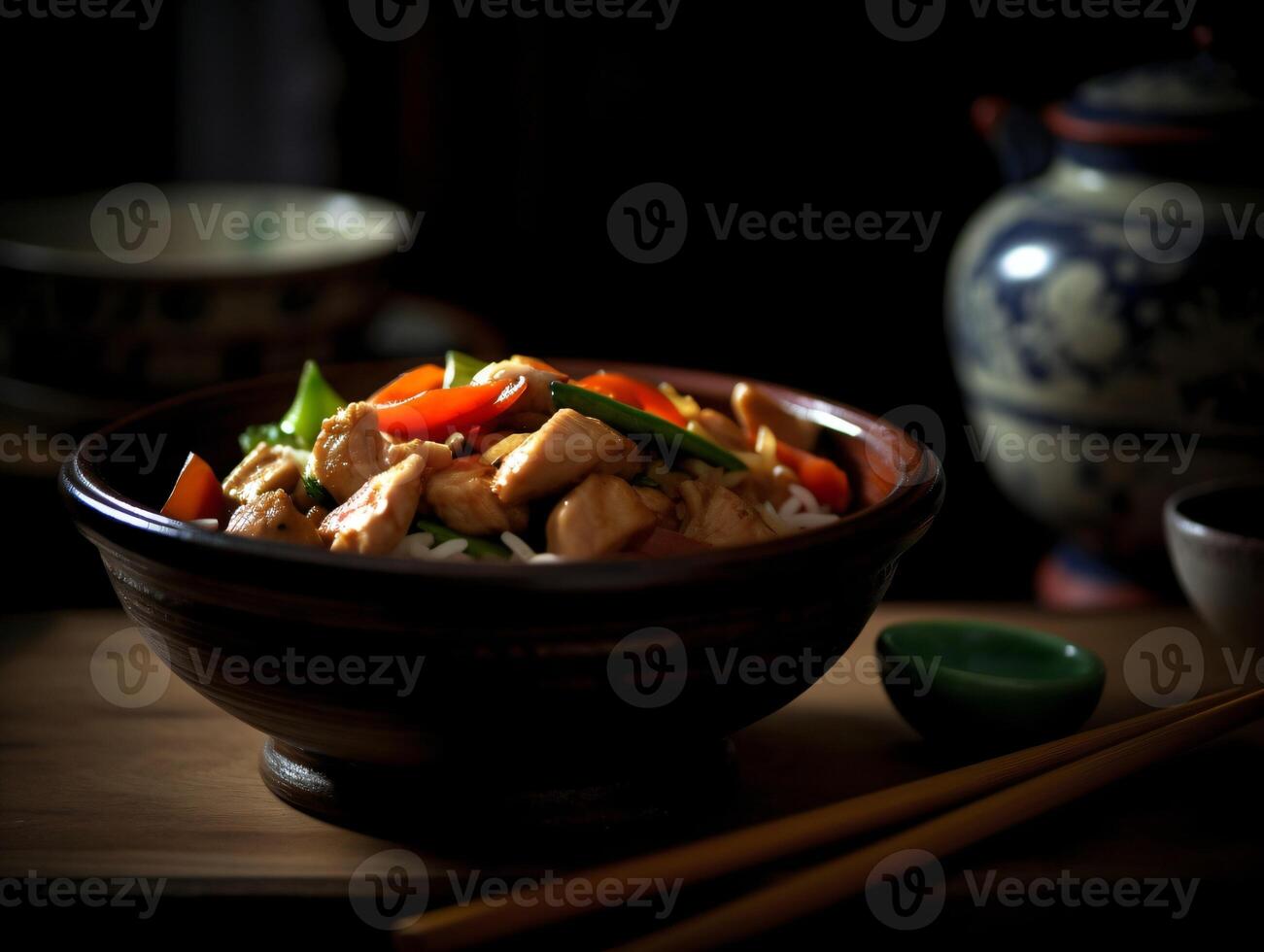 AI Generated Bowl of Oriental Food, Asian Wok with Noodles, Shrimps, Chicken, Rice. Ai generative. High quality illustration photo