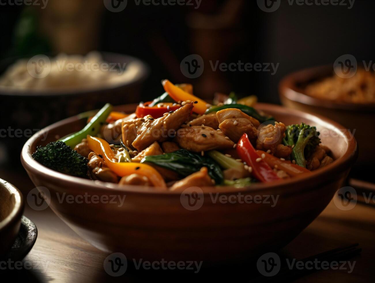 AI Generated Bowl of Oriental Food, Asian Wok with Noodles, Shrimps, Chicken, Rice. Ai generative. High quality illustration photo