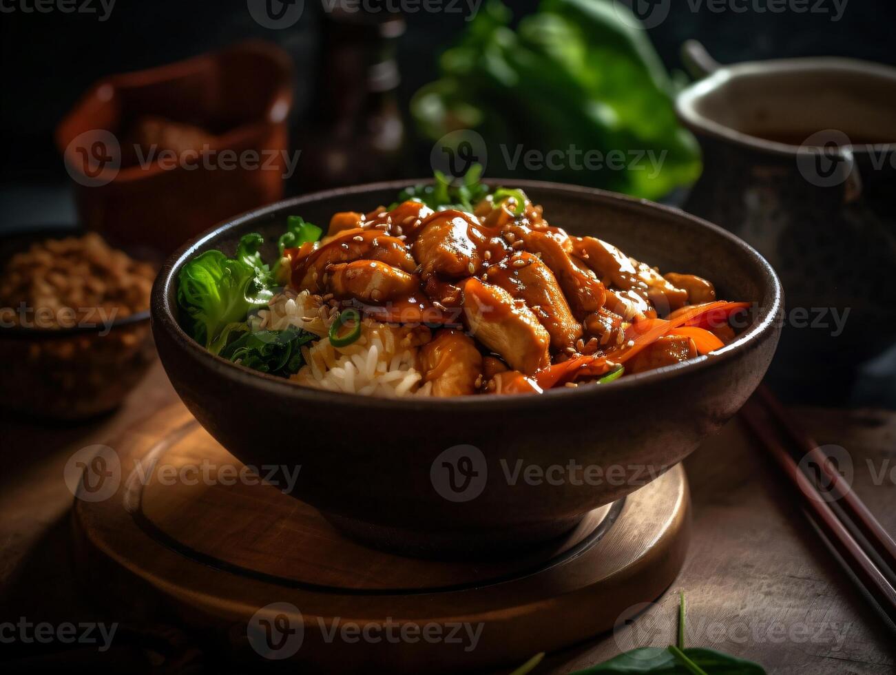 AI Generated Bowl of Oriental Food, Asian Wok with Noodles, Shrimps, Chicken, Rice. Ai generative. High quality illustration photo