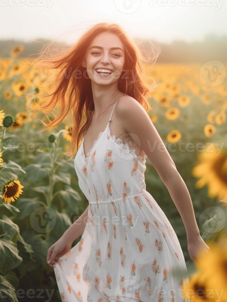 AI Generated Beautiful Young Woman is Smiling at Sunflowers Field. Ai Generative. High quality photo