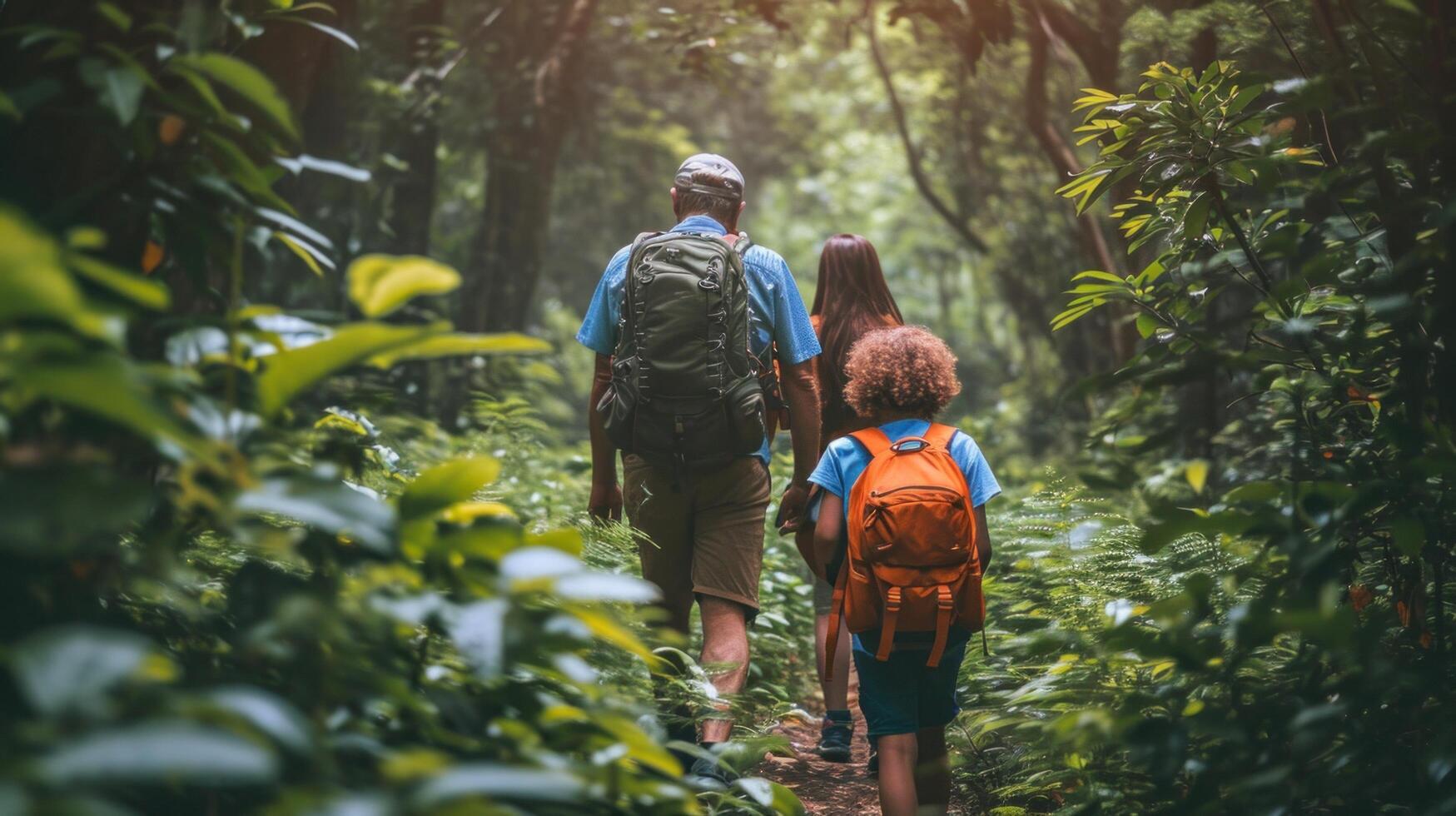 ai generado alegre familia excursionismo bosque caminos, conectando con cada otro en medio de lozano verdor foto