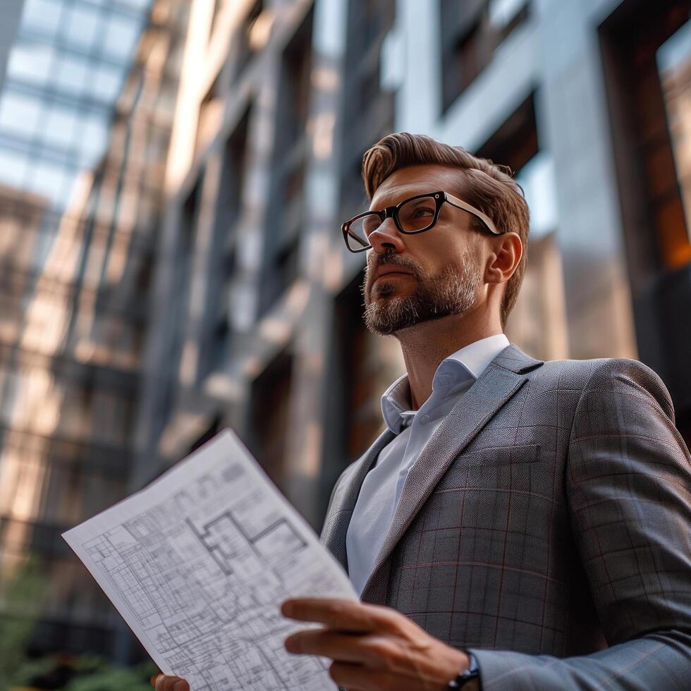 AI generated elegant business man looking for new appartment with realt agent photo