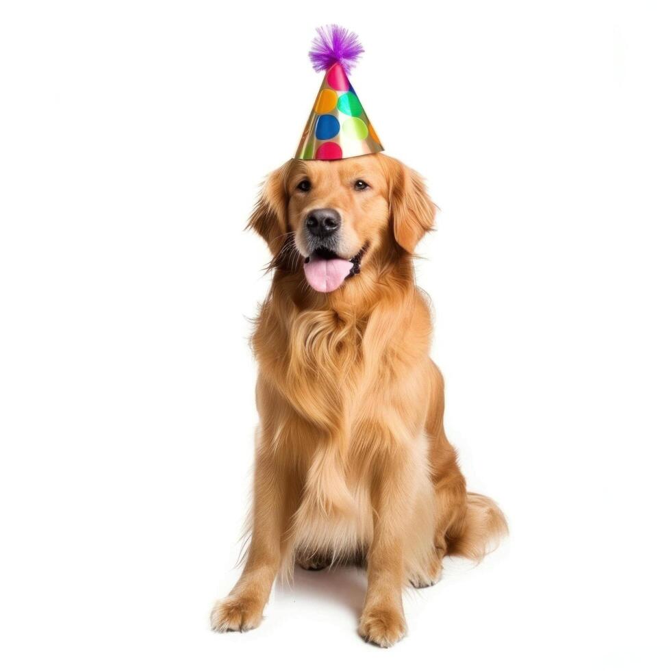 AI generated cute dog in birthday cap isolated photo