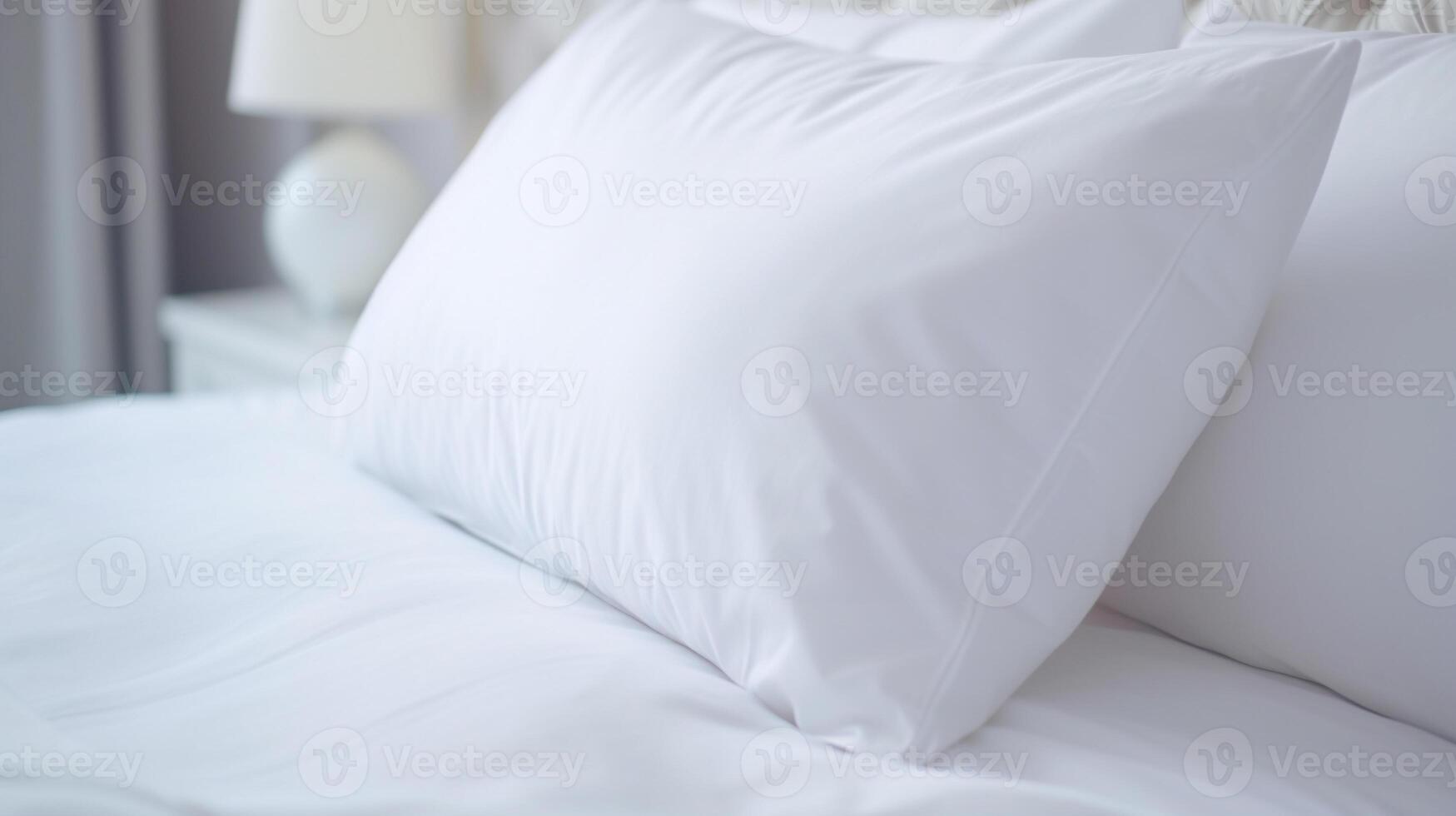 ai generado cama en dormitorio con suave almohada y funda Nordica. cerca arriba y selectivo atención foto