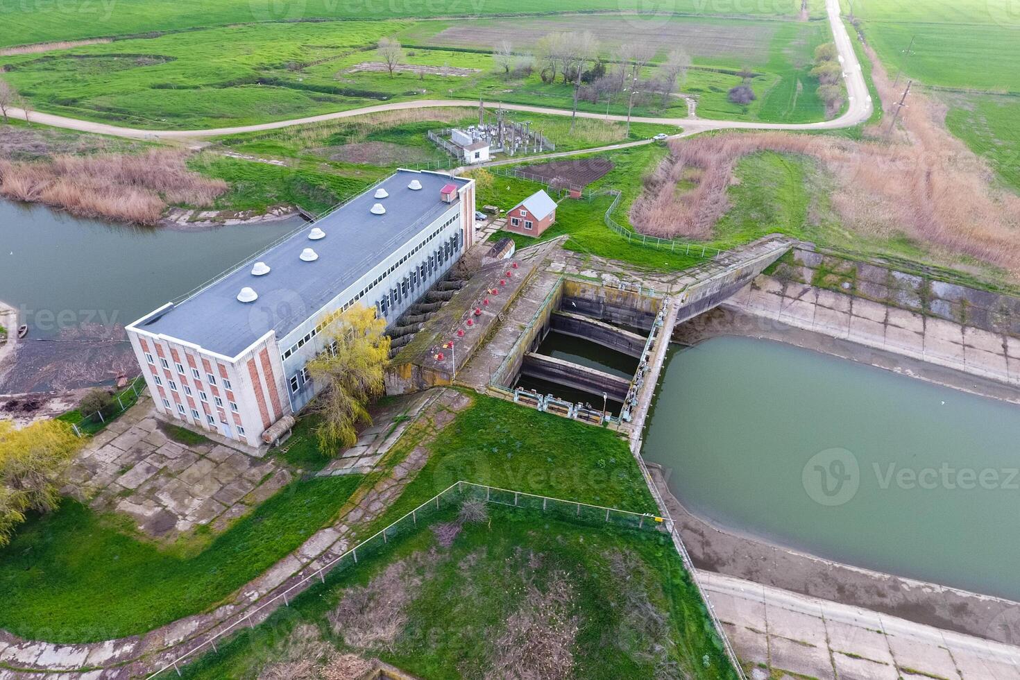 Water pumping station of irrigation system of rice fields. View photo