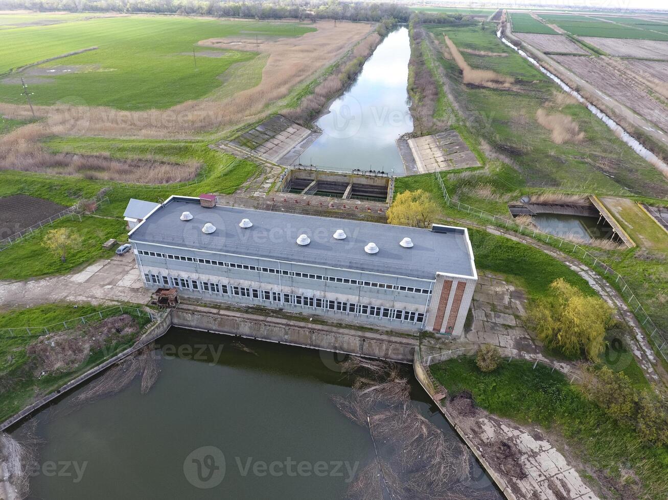Water pumping station of irrigation system of rice fields. View photo