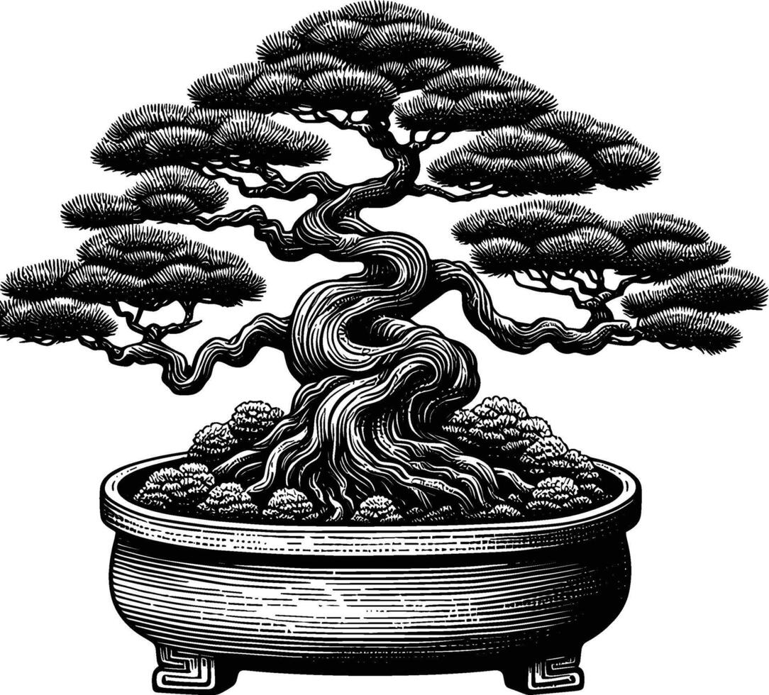 Artistic Hand Drawn Bonsai Tree Line Art Vector