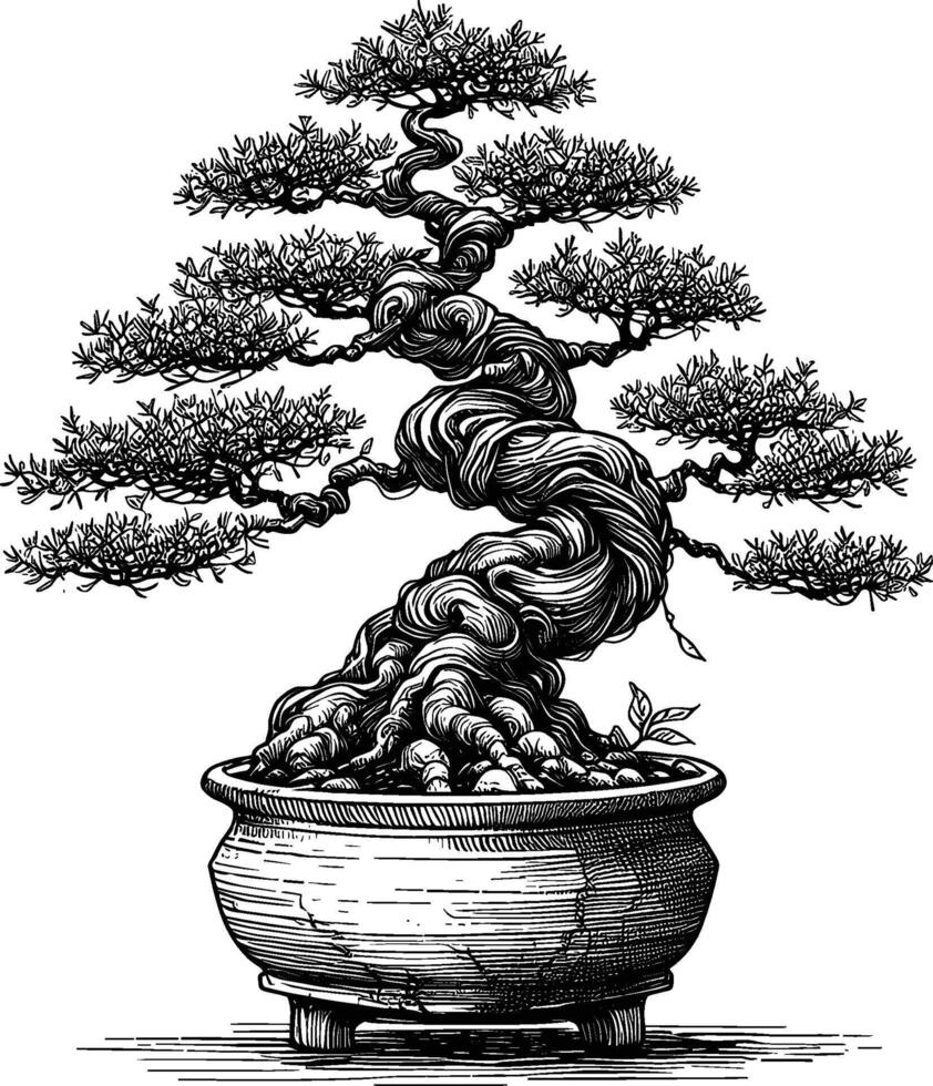 Artistic Hand Drawn Bonsai Tree Line Art Vector