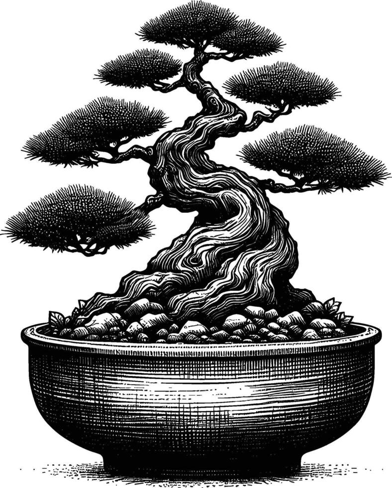 Artistic Hand Drawn Bonsai Tree Line Art Vector