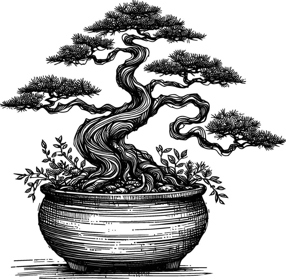 Artistic Hand Drawn Bonsai Tree Line Art Vector