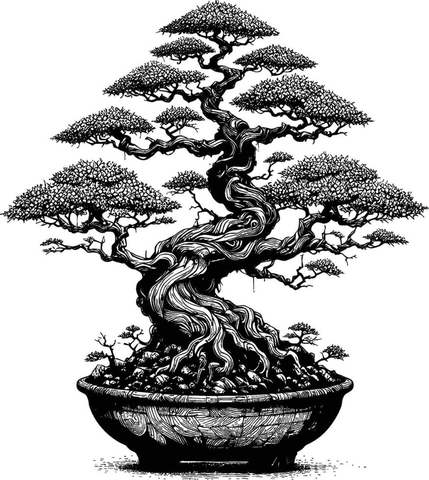 Artistic Hand Drawn Bonsai Tree Line Art Vector