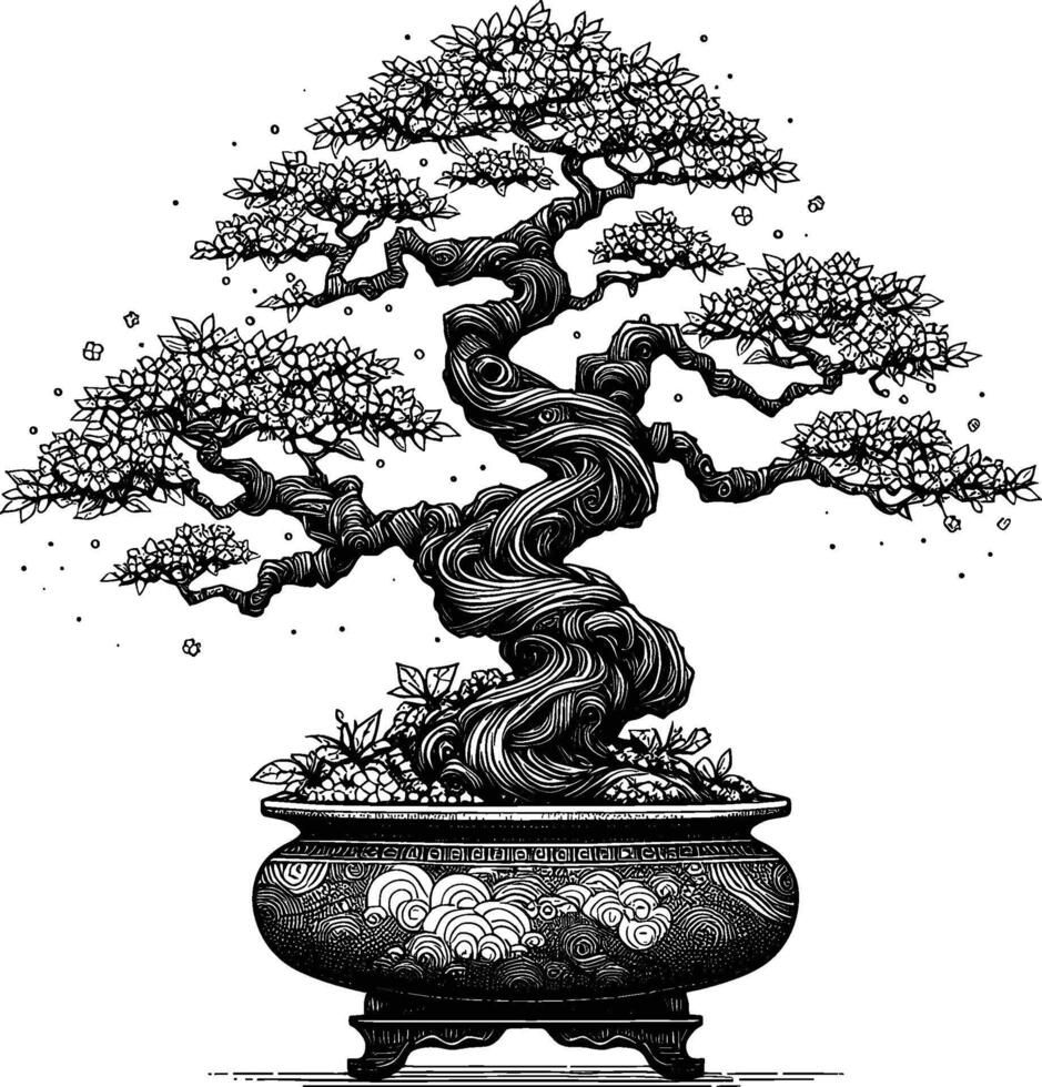 Artistic Hand Drawn Bonsai Tree Line Art Vector