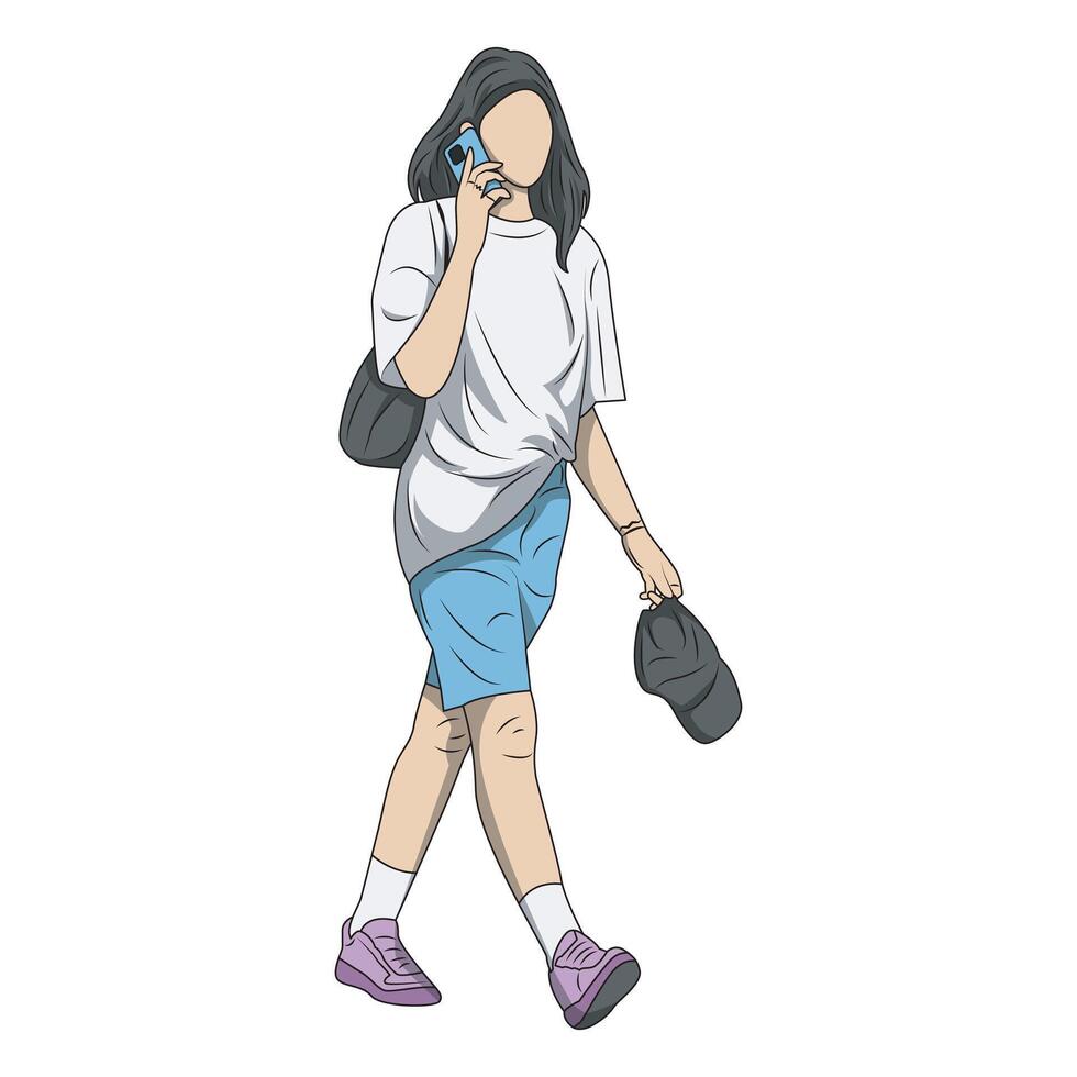 vector illustration of a woman making a telephone call while walking carrying a hat