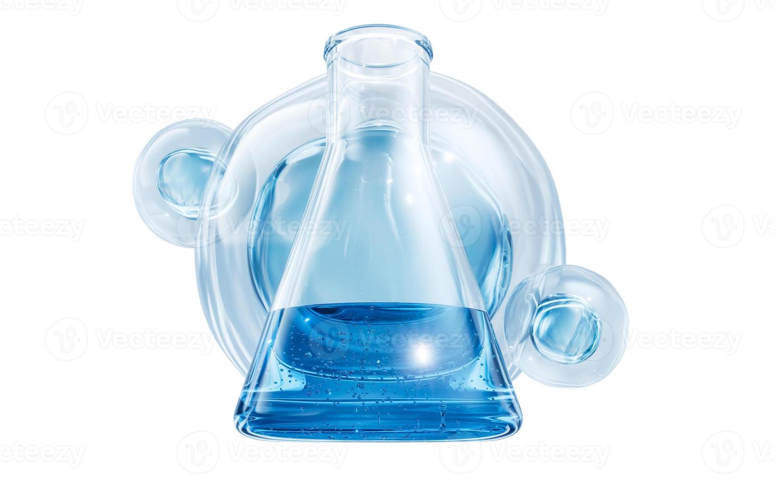 Chemical glassware and water drop, 3d rendering. photo