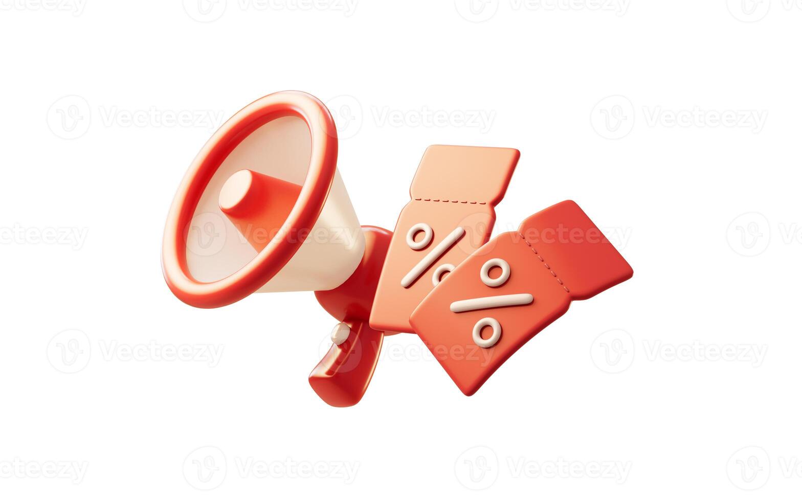 Loudspeaker and red discount coupon tickets, 3d rendering. photo