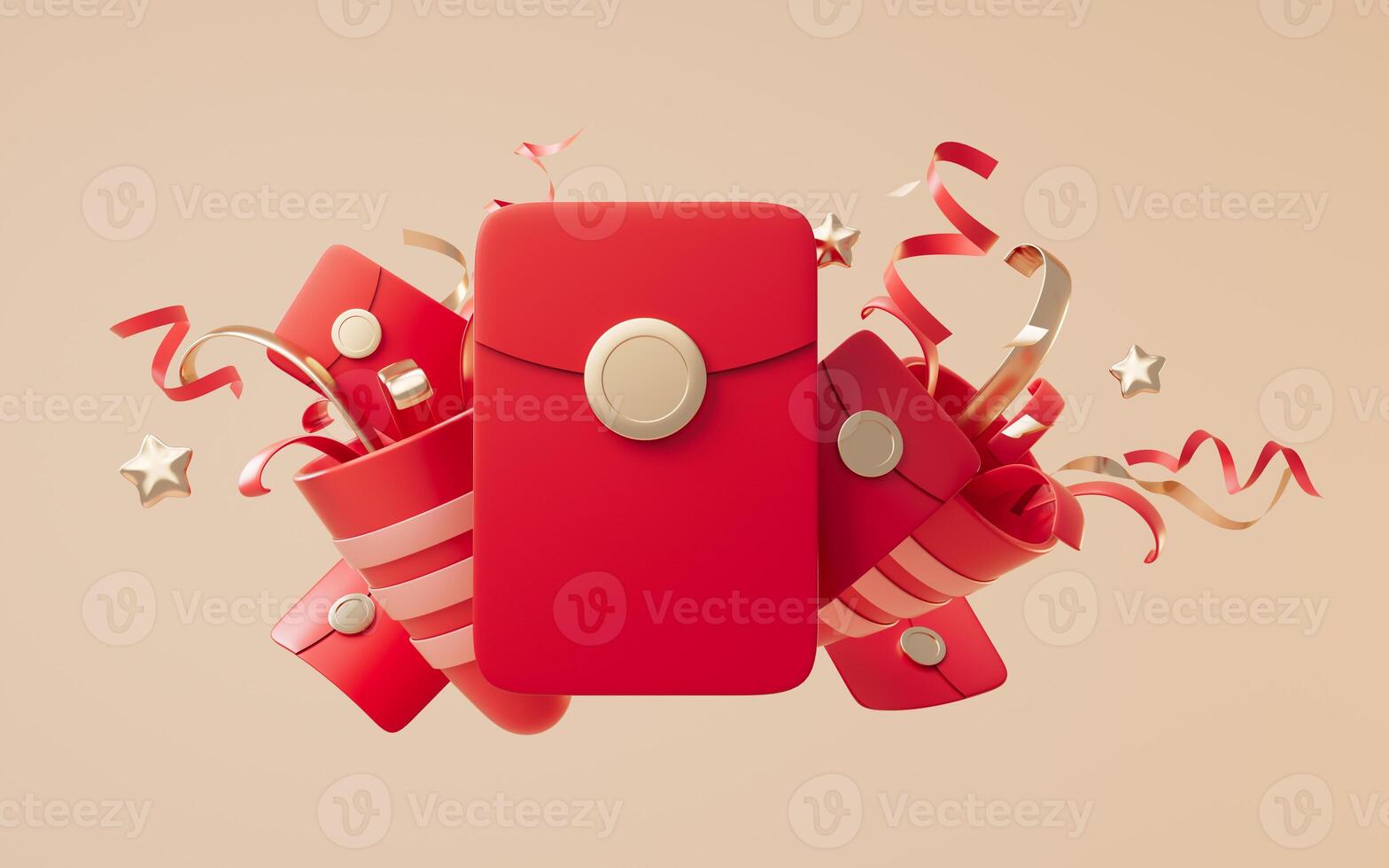 Red pocket and paper fireworks cones, 3d rendering. photo