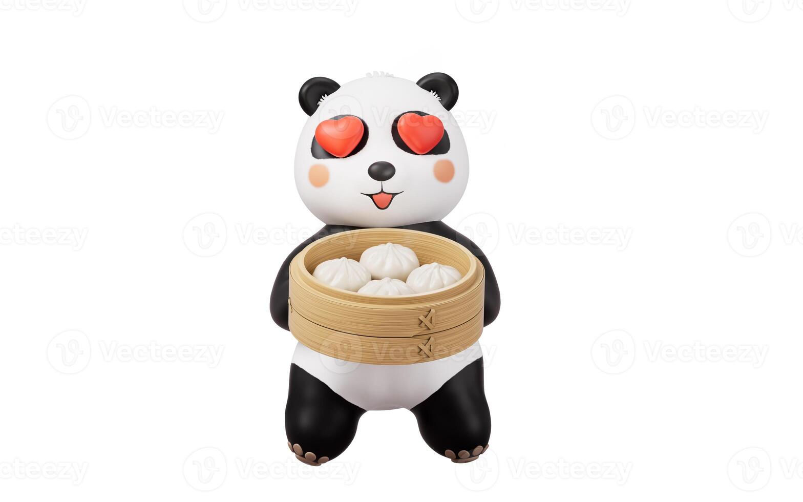 Cartoon panda and Chinese food baozi, 3d rendering. photo