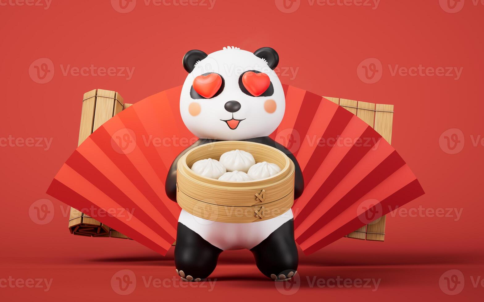 Cartoon panda and Chinese food baozi, 3d rendering. photo