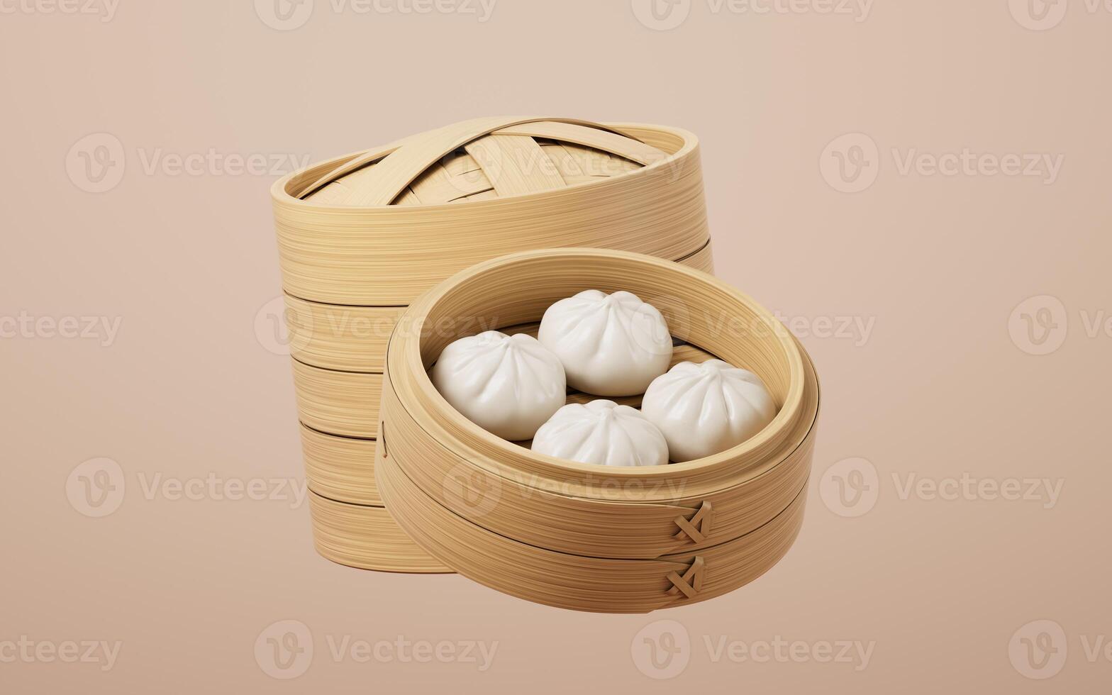 Chinese food baozi in food steamer, 3d rendering. photo