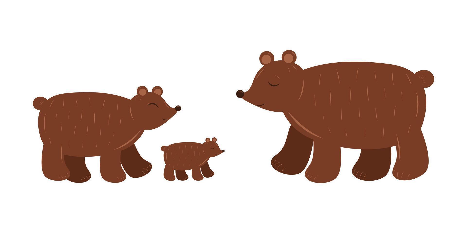 Three cute hand drawn brown bears. Isolated vector illustration. For children, for cards, for games, for design