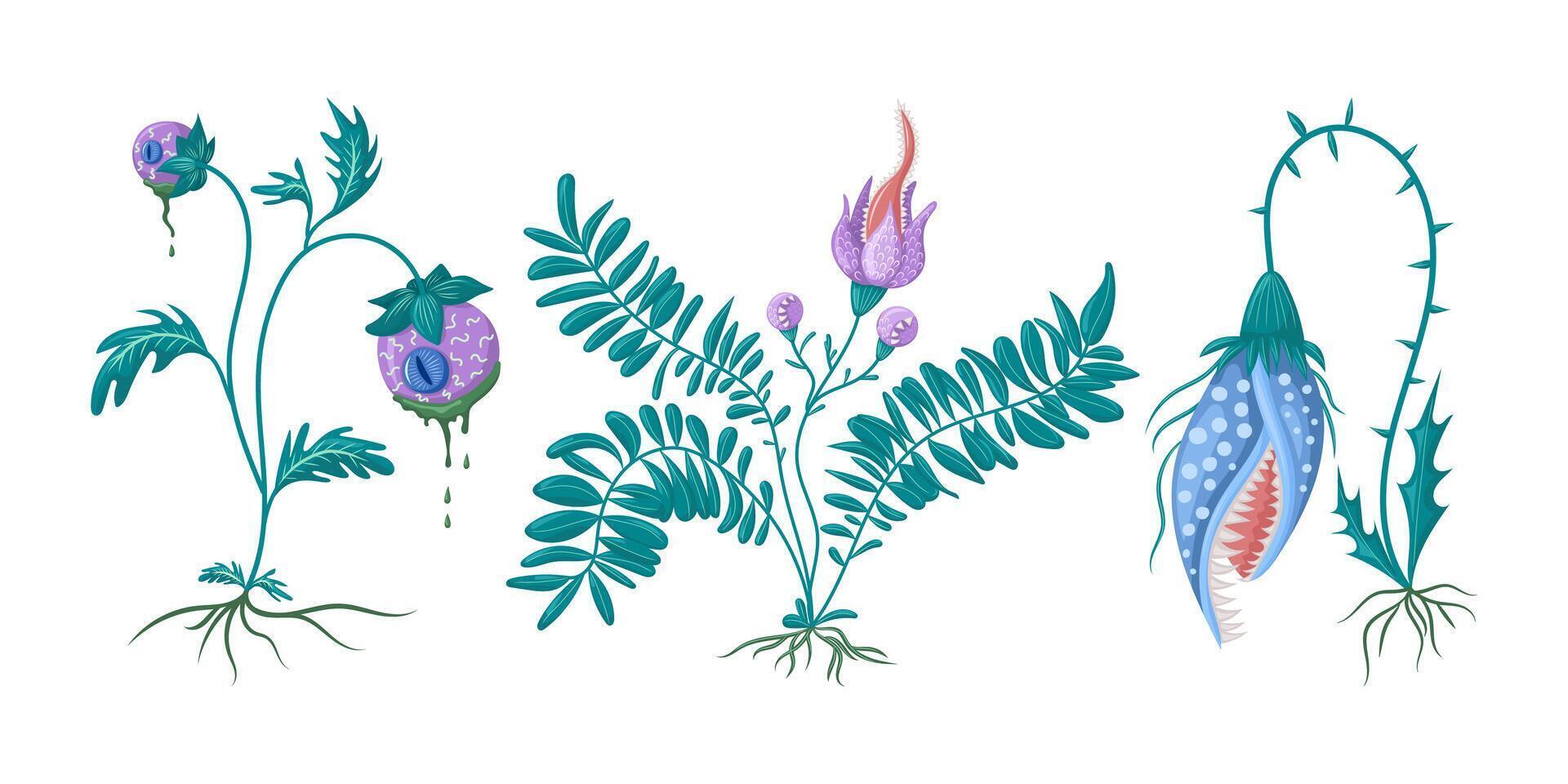 set Fantasy botanical illustration. Isolated vector illustration. For halloween, for games, for design