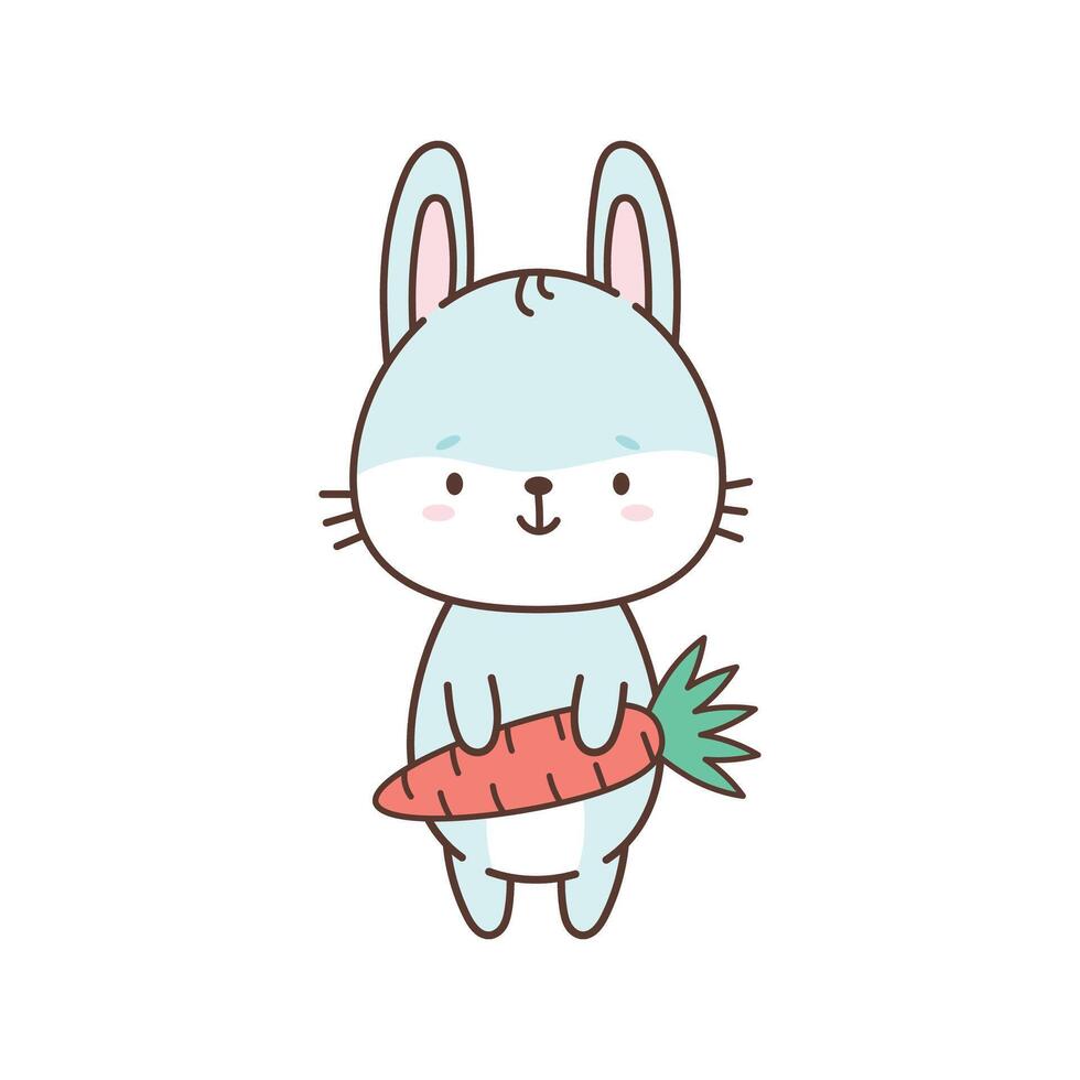 Cute bunny holding a carrot. Cute animals in kawaii style. Drawings for children. Isolated vector illustration