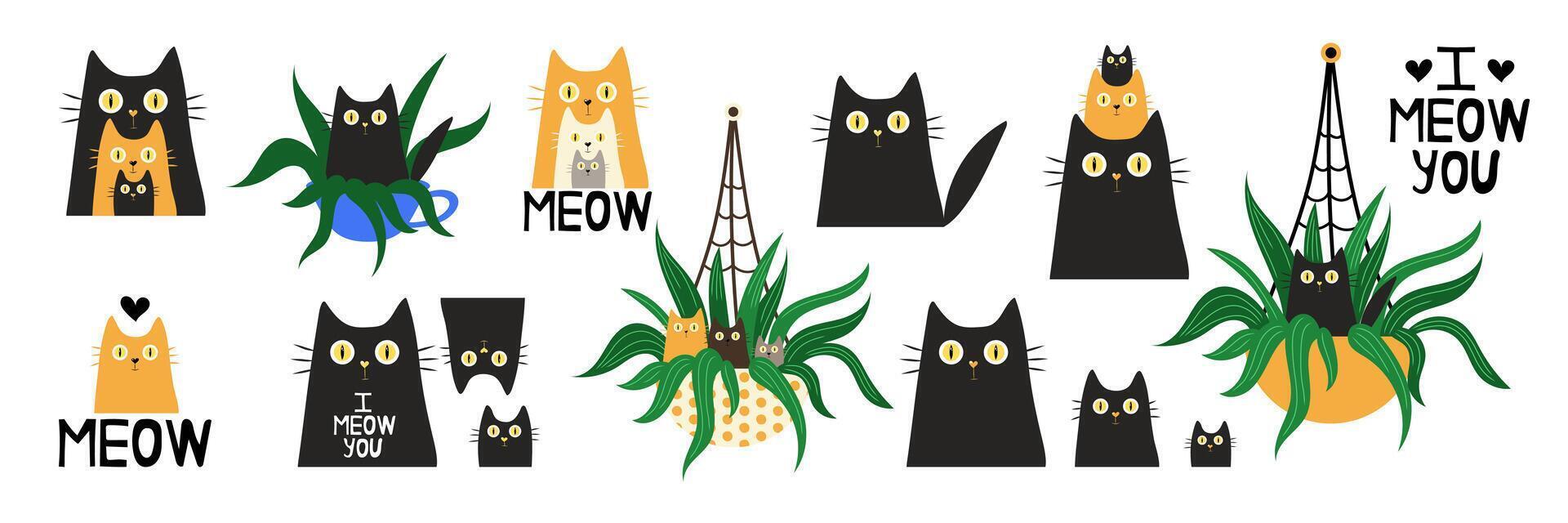 Set cute hand-drawn cats. Simple vector illustration for card design and for children. Pets concept, love and family concept. Isolated vector illustration.