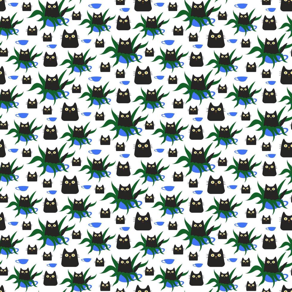 seamless pattern with black cats. Cute black cat sitting in a pot with a houseplant. Simple vector illustration for card design and for children. Pets concept, love and family concept.