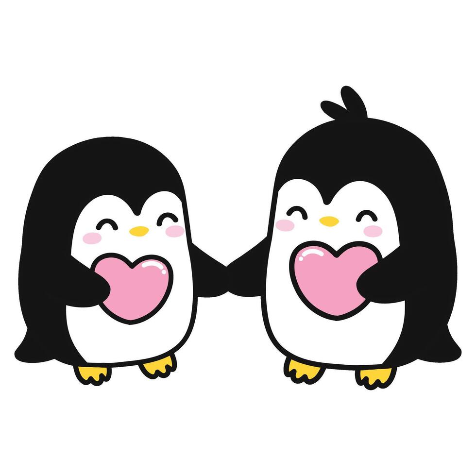 pingüino Pareja con corazón y participación manos, dibujos animados ilustración de linda pingüinos en amor vector