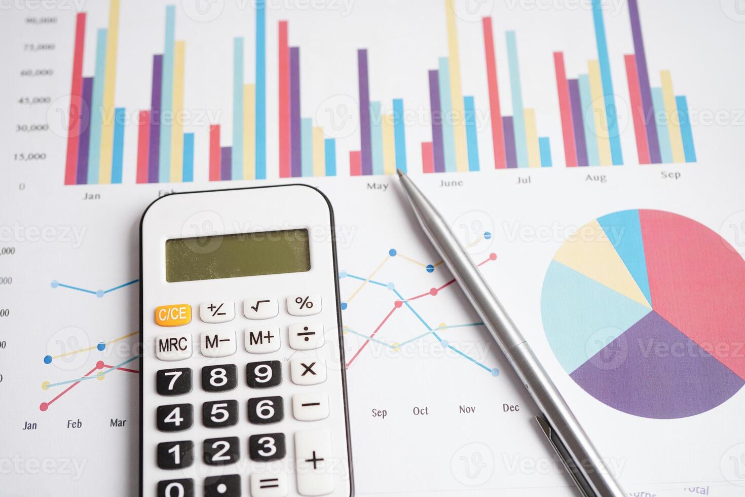 Calculator on chart graph paper. Finance, account, statistic, investment data economy, stock exchange business. photo