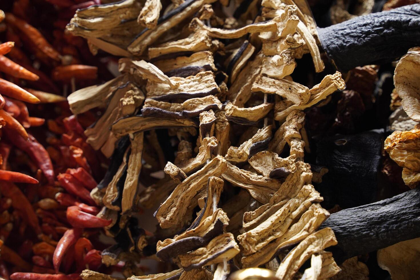 Dried eggplants , peppers , cucumbers and okra at the bazaar Istanbul market. Dried vegetables for to use at winter time. photo