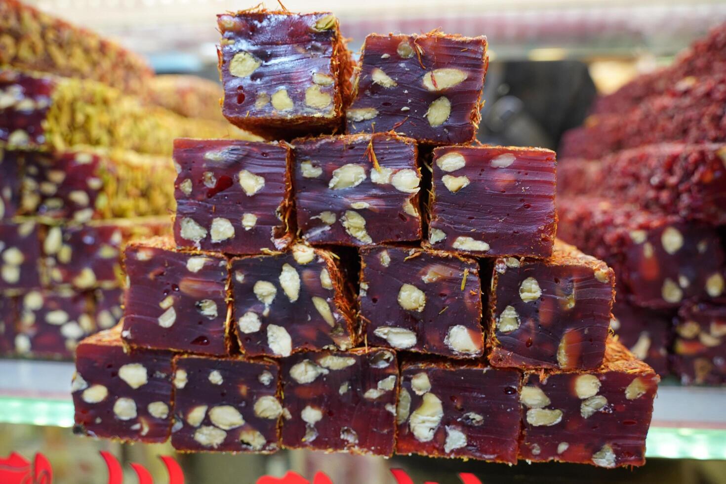 Traditional Turkish delight isolated on white background. Assorted. Sweet delicious lukum color photo